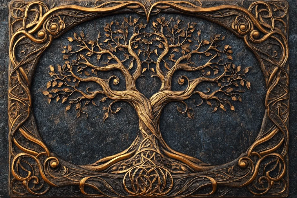 A detailed, intricately carved golden tree with intertwining branches and leaves is framed within a decorative, swirling, gold border. The tree is centered on a dark, textured background, resembling stone or wood. The tree's roots are depicted as a complex knot, adding to the intricate design. The image is likely a piece of art, possibly a sculpture or relief.