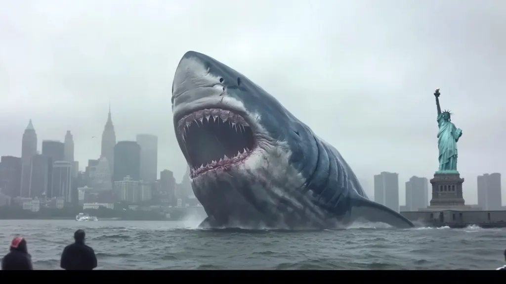 A massive shark with its mouth open, revealing rows of sharp teeth, swims towards the Statue of Liberty in New York City. The shark is so large that it dwarfs the iconic landmark and the city skyline behind it. The scene is ominous and suggests a potential threat to the city. Two people stand on the shore watching the shark approach. The sky is overcast and the water is choppy.