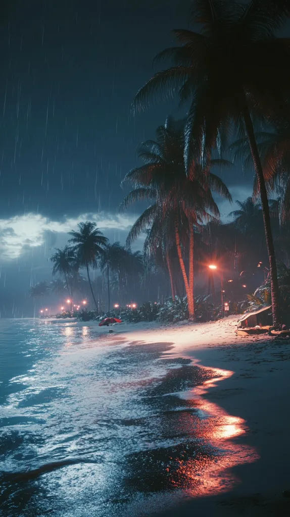 The image depicts a tranquil beach scene at night, illuminated by streetlights. Palm trees stand tall against a dark, cloudy sky, casting long shadows across the sandy shore. Rain falls gently, creating ripples in the water that reflect the warm glow of the lights. The scene evokes a sense of peaceful solitude and the beauty of nature in its most serene state.