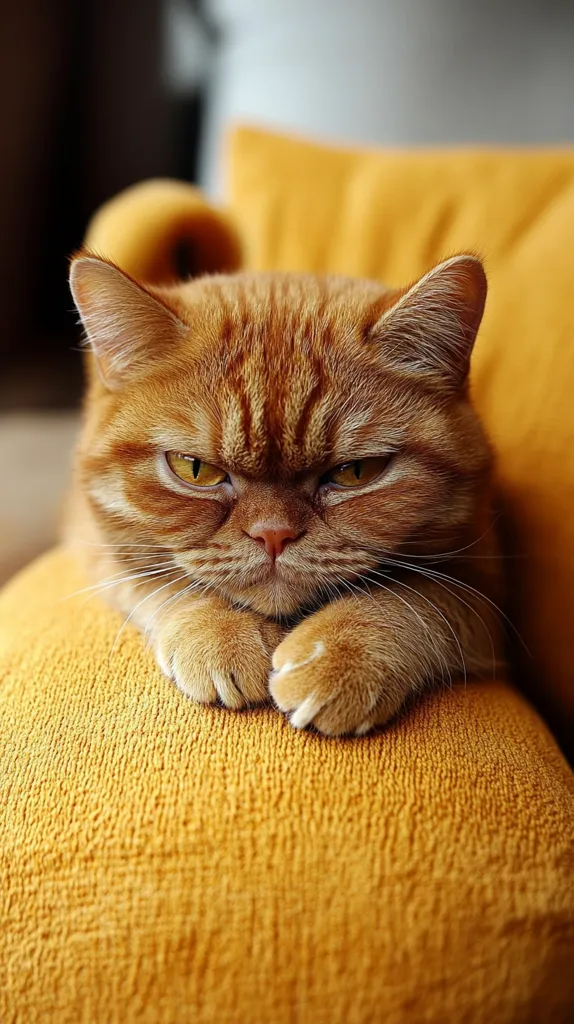 A ginger tabby cat with piercing green eyes rests its head on a fluffy yellow cushion. It's paws are tucked underneath its chin as it stares intently at something out of frame. Its thick fur is visible as it rests in a seemingly annoyed or frustrated state.  The orange tones of the cat's fur and the cushion complement each other.