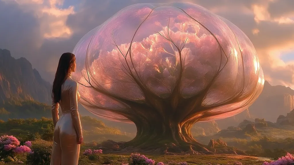 A woman in a silver jumpsuit stands in front of a large, glowing tree. The tree is encased in a transparent dome, and the branches are intricately woven together. The sky is a soft pink and orange, and the ground is covered in lush green grass and pink flowers. The scene is surreal and dreamlike, with an ethereal glow emanating from the tree.
