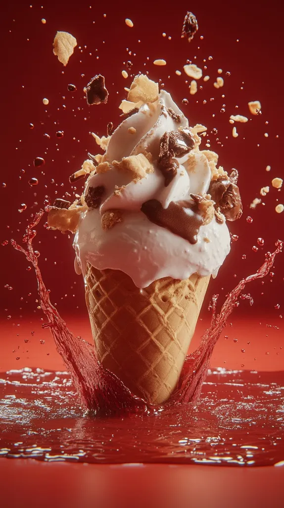 A white ice cream cone with chocolate and cookie toppings is splashing into a pool of red liquid. The ice cream is covered in a layer of chocolate sauce and cookie crumbs, with a few pieces of cookie flying off the cone. The liquid is splashing up around the cone, creating a dynamic scene. The background is a bright red.