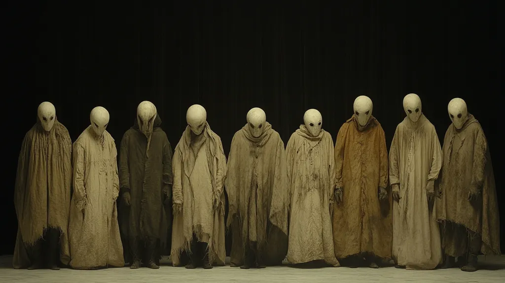 Nine figures stand in a line against a dark background. They wear long, loose-fitting robes and masks that cover their faces, leaving only their eyes visible. The figures are anonymous and unsettling, their expressions obscured by the masks. They are posed in a static and rigid manner, creating an eerie and mysterious atmosphere.
