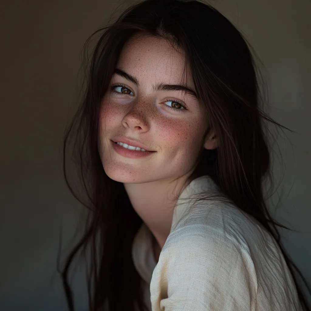A young woman with long dark hair and freckles smiles warmly at the camera. She is wearing a simple white shirt and her face is lit by a soft light. Her eyes are bright and her expression is open and inviting. The image conveys a sense of youth, beauty, and natural charm.
