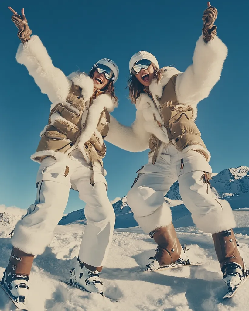 Two women in white ski gear and fur-lined jackets are on the slopes, their skis in the snow. They are wearing goggles and have a playful, adventurous look on their faces. The backdrop is a snow-covered mountain range, with a clear blue sky above. The image conveys a sense of excitement and fun associated with winter sports.