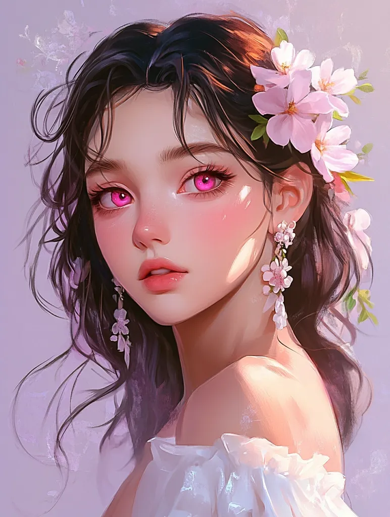The image is a portrait of a young woman with long, dark hair and bright pink eyes. She is wearing a white dress and has a delicate flower crown in her hair. The lighting is soft and ethereal, giving the image a dreamy quality. The woman's expression is gentle and serene, suggesting a sense of peace and tranquility.  The image is likely an anime or manga-inspired illustration.