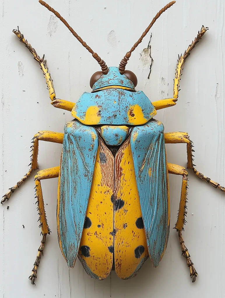 The image shows a close-up of a large, colorful insect. The insect has a blue and yellow body with black spots, and long, thin legs. It is perched on a white surface, possibly a wall or a piece of wood. The insect's wings are folded, giving it a more compact appearance. The image is well-lit and shows the insect's intricate details.  Its colors are vibrant and almost metallic.