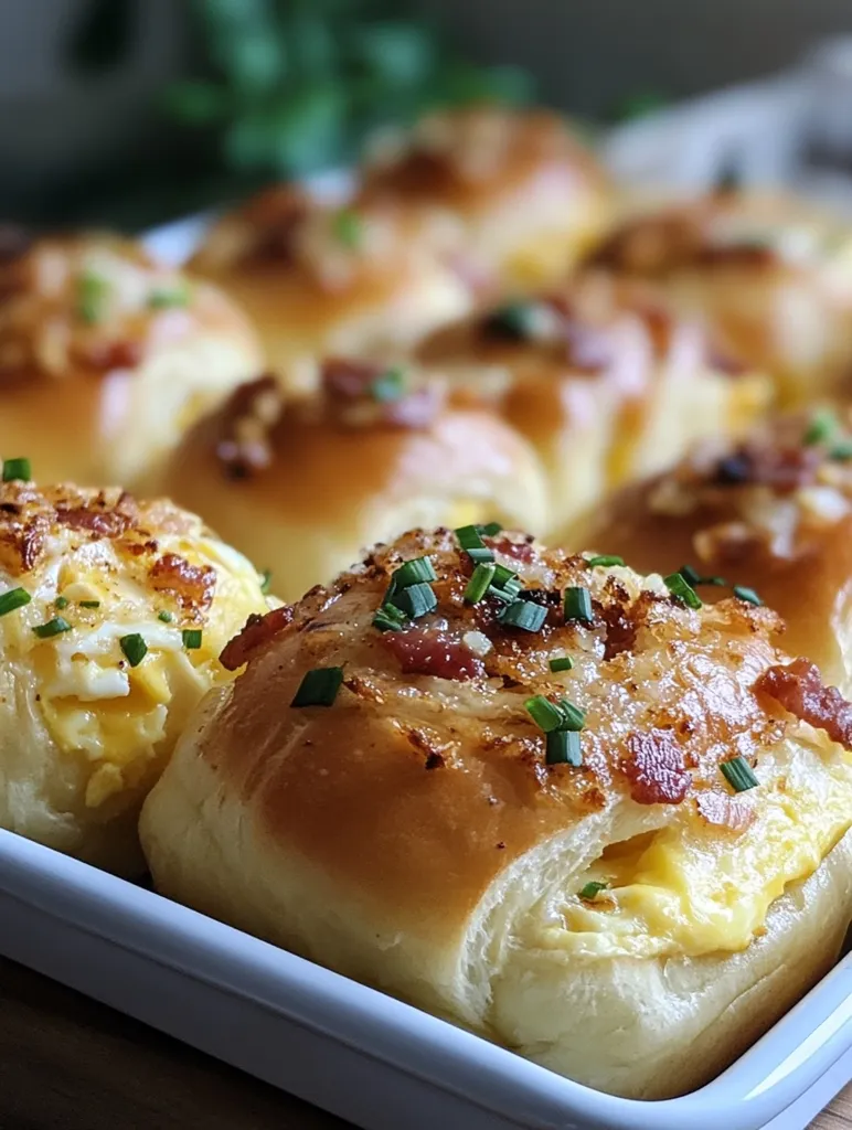 A white baking dish filled with golden brown, buttery rolls. The rolls are topped with crispy bacon, fluffy egg, and chopped chives. The dish is sitting on a wooden surface, likely after being baked. The rolls appear to be homemade and are incredibly delicious and appetizing.