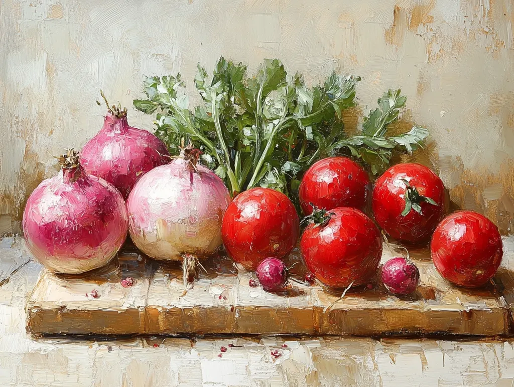 The painting depicts a still life of various red and white vegetables arranged on a wooden cutting board. Three red onions, one white onion, a bunch of parsley, five red tomatoes, and two small red radishes are all beautifully rendered with oil paint, creating a vibrant and textural display of colors. The light shines on the vegetables, highlighting their roundness and emphasizing their textures. The background is painted in soft, warm hues, creating a sense of warmth and inviting the viewer to appreciate the beauty of the simple arrangement.