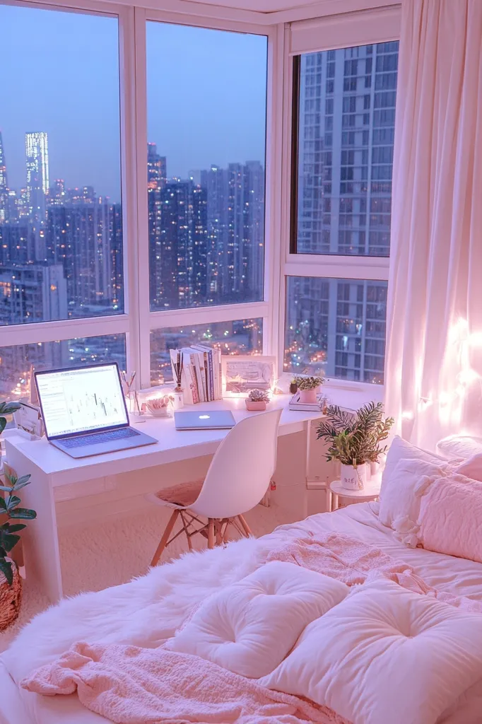 A cozy bedroom with a large window overlooking a city skyline at night. The room is decorated in soft pink tones, with a fluffy white rug, a plush bed with white pillows, and a small desk with a laptop and a white chair. The overall atmosphere is peaceful and inviting.  A potted plant sits on a small side table by the bed. String lights add a touch of whimsy to the space.