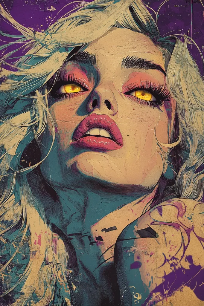 The image is a close-up portrait of a woman with blonde hair. Her eyes are wide open and have yellow pupils. She has a pink mouth with a slight smile. Her skin is pale and textured, and she has a tattoo on her shoulder. The background is a blurry mix of purple, blue, and yellow.  The overall feel of the image is edgy and mysterious.  The style of the image is heavily stylized, with strong lines and bold colors.  The lighting is dramatic, highlighting the woman's face.  The image is likely intended to be a fashion or beauty illustration.  The artist has used a variety of techniques, including layering, blending, and texturing.  The image is well-executed and has a strong visual impact.