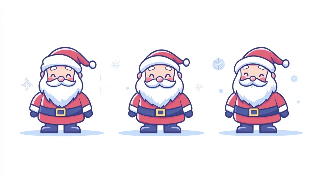 Three cartoon Santa Clauses stand against a white background with blue snowflake designs. They are all smiling with their eyes closed,  wearing traditional red suits and black belts. They are slightly different in their facial expressions and  hat and beard details.
