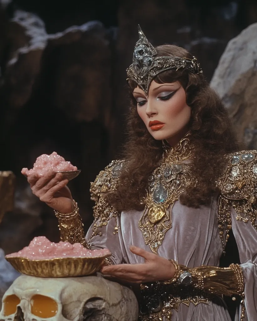 A woman with long, dark hair wears a silver crown and a long, purple gown with gold embellishments. She holds a golden bowl filled with pink, jelly-like substance. She stares thoughtfully at the bowl, her expression mysterious and captivating.  The scene is dark and dramatic, suggesting a fantastical or mystical setting.