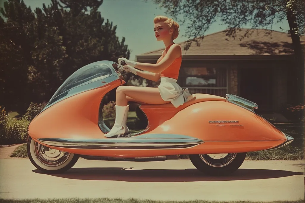 A young woman in a white skirt and orange top is riding a bright orange futuristic-looking scooter. The scooter has a large, round front wheel, and the woman is wearing white boots. The background is a suburban street with a house and trees. The image has a vintage, retro feel.