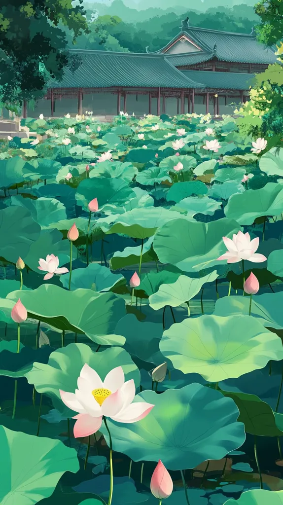 A traditional Japanese building with a green roof sits behind a pond filled with large green lotus leaves and pink flowers. The scene is tranquil and serene, with the building and flowers reflecting in the calm water. The image evokes a sense of peace and tranquility, with the lush greenery and the delicate pink flowers creating a beautiful contrast.