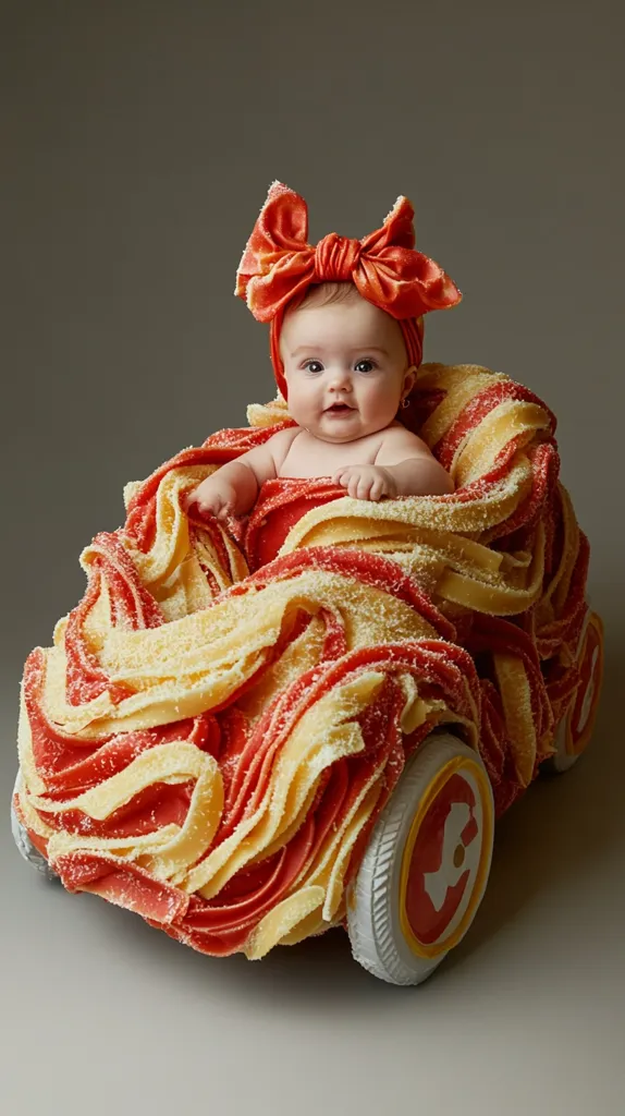 A baby wearing a red bow sits inside a car made of pasta. The car is made of red and yellow pasta, and the baby is looking at the camera with a serious expression. The car has a white wheel on the right side of the frame.  The background is a soft gray.  The image is a humorous and creative take on a baby's portrait.