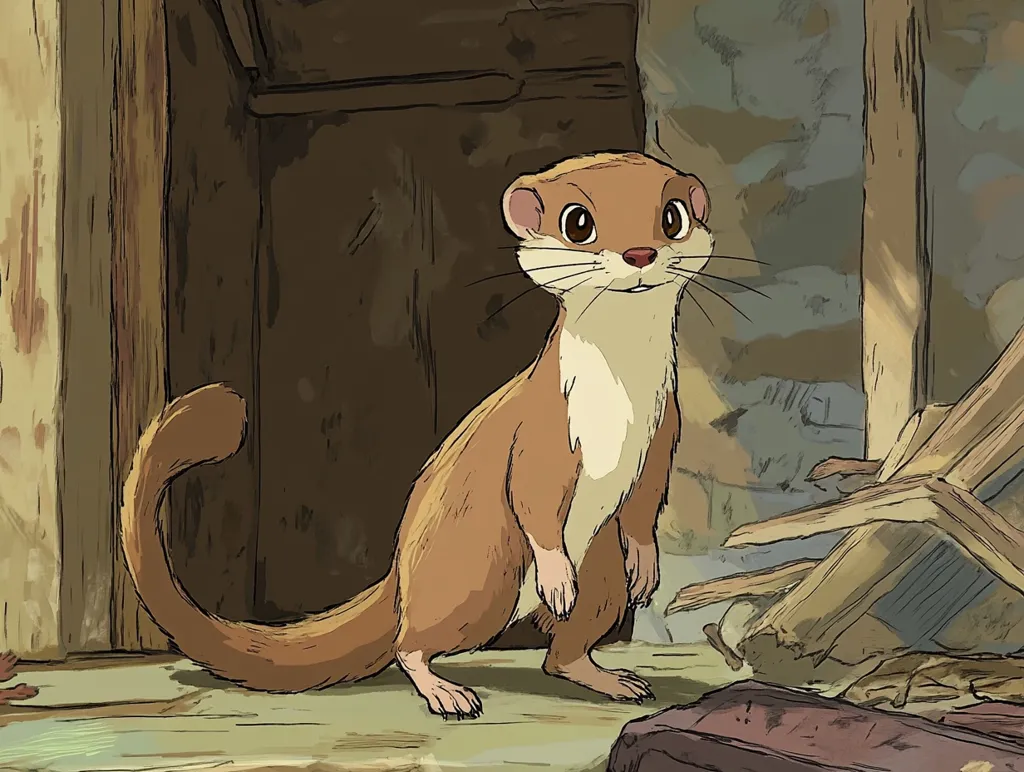 A small, brown, and white weasel-like creature stands in front of a wooden structure with a curious expression.  It has a long, slender tail and large eyes, giving it a sweet and playful look. The creature is well-drawn in a cartoon style, with details on its fur and markings. The background is simple, creating a focus on the animal. The overall image evokes a sense of warmth and curiosity.