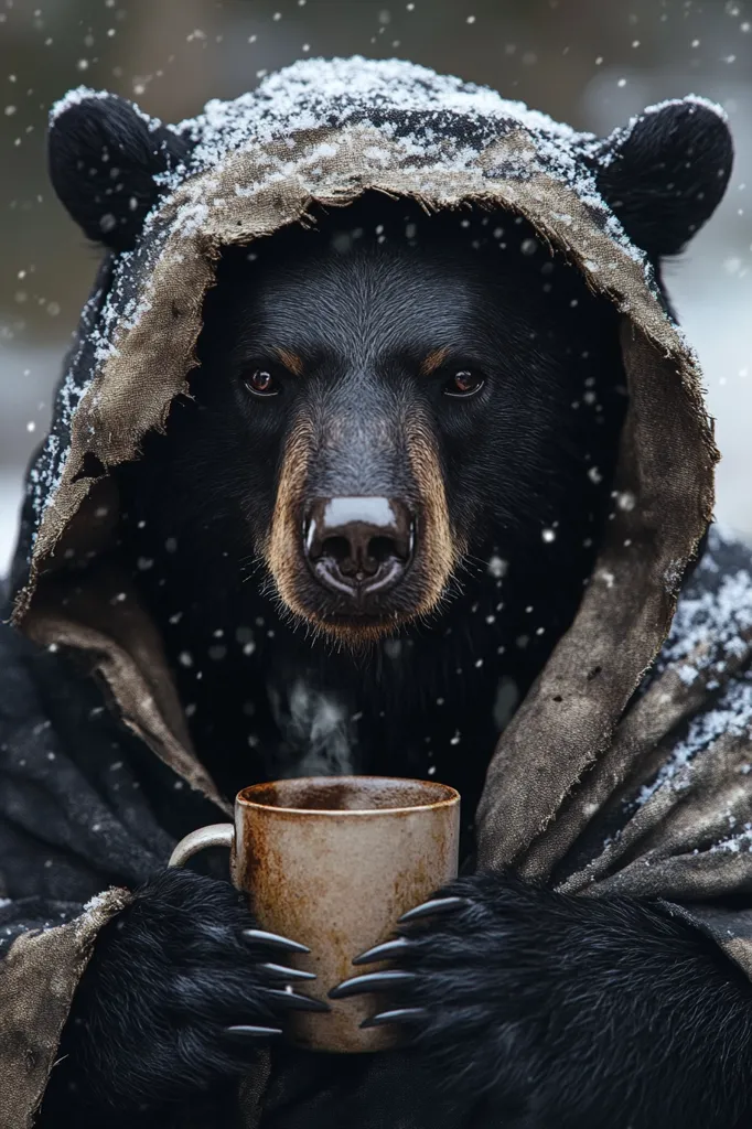 A black bear, wearing a hooded cloak covered in snow, sits in a snowy forest and holds a steaming mug of coffee. The bear's intense gaze and sharp claws suggest a powerful and wild nature, contrasting with the warmth and comfort of the mug. The image creates a sense of mystery and wonder, blurring the lines between the natural and the human.