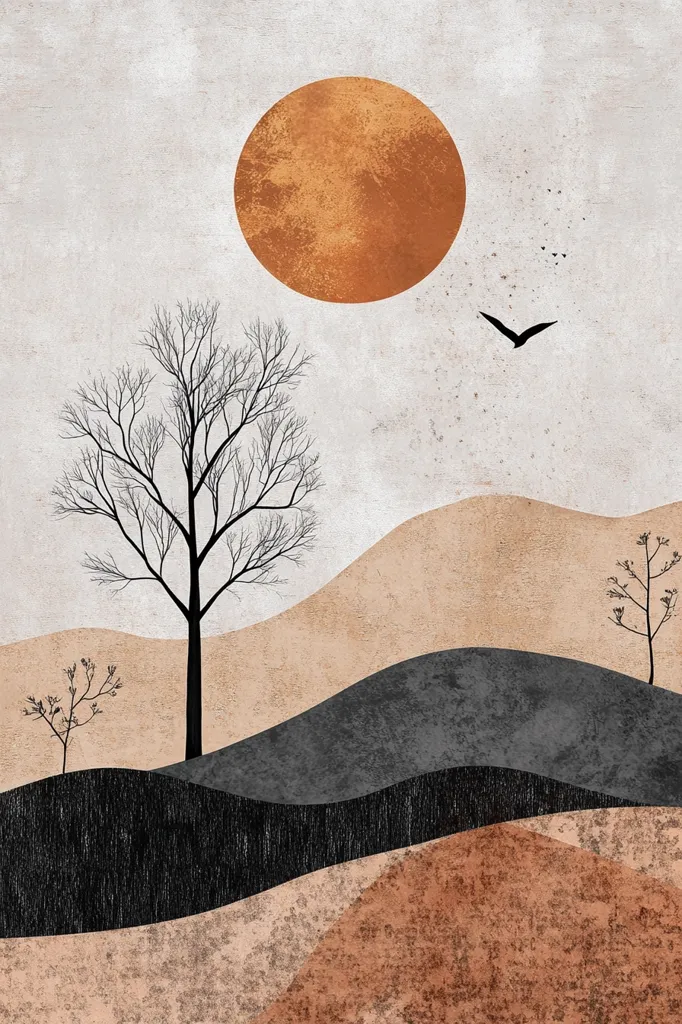 The image depicts a minimalist landscape with a large orange sun in the sky. A lone tree stands tall in the foreground, its branches reaching towards the heavens. In the distance, rolling hills and valleys are painted in shades of brown and gray. A small bird flies overhead, adding a touch of movement to the otherwise still scene. The overall effect is one of tranquility and peace.