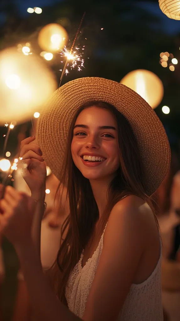 A young woman with long brown hair and a bright smile is wearing a straw hat and a white lace top. She is holding a lit sparkler in her hand. The background is blurred, suggesting a festive atmosphere with warm string lights and soft bokeh. The woman's cheerful expression and the twinkling lights create a sense of joy and celebration.