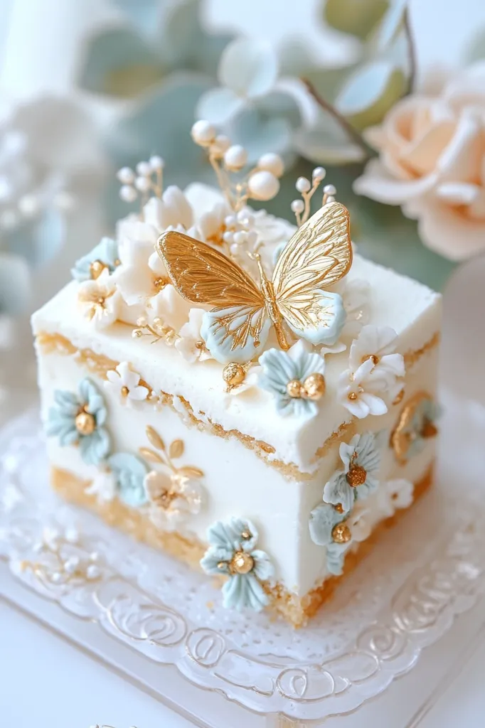 A small, white cake decorated with delicate blue and white sugar flowers, a golden butterfly, and gold accents.  The cake sits on a white, decorative plate, creating a beautiful and elegant image. The detail of the cake's decoration is intricate, showcasing a fine attention to detail. The cake's appearance creates a sense of sophistication and artistry.