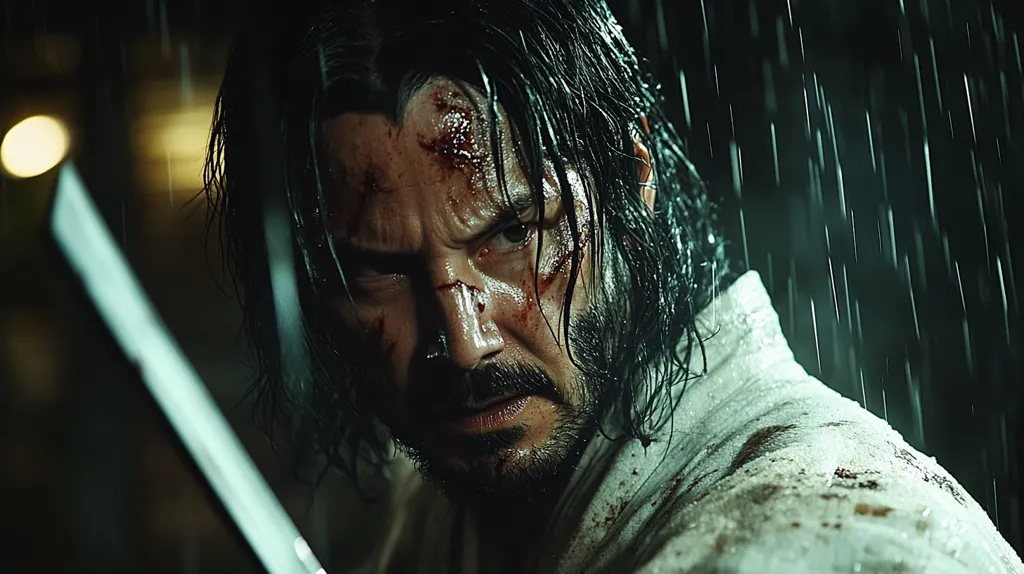 The image features a man, likely Keanu Reeves, covered in blood and rain.  He is holding a sword, looking intensely at the camera, his expression grim. The lighting is dark and atmospheric, creating a sense of danger and intensity. The image appears to be a still from a film, possibly a scene of action or violence.  The background is blurry, with rain falling heavily.