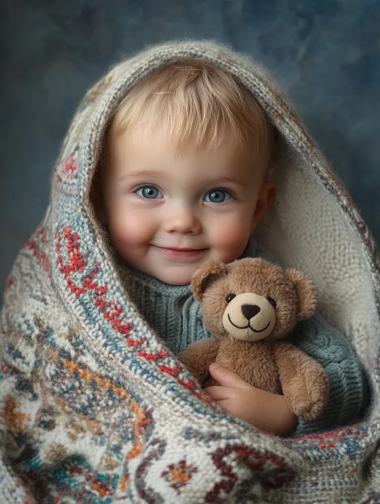 A young child with blonde hair and blue eyes is wrapped in a knitted blanket, holding a brown teddy bear. The child is smiling and the blanket has colorful patterns. The background is a blurred blue. The image is warm and inviting.