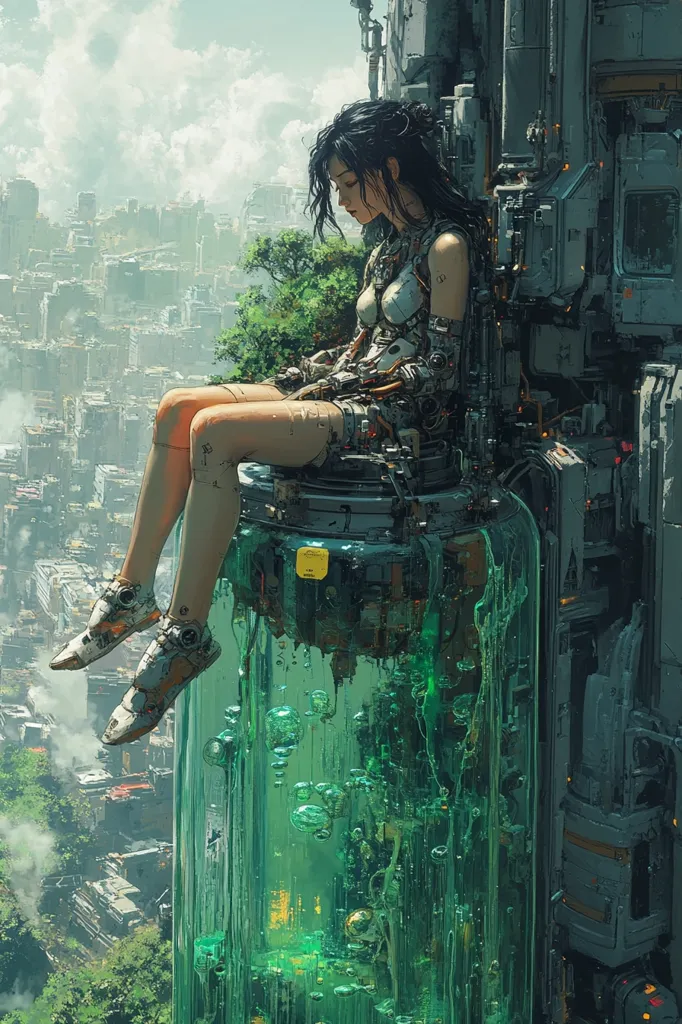 A young woman with long black hair sits on a platform overlooking a sprawling city. She is wearing a white and grey outfit and appears to be made of metal. The platform is attached to a large glass tube filled with a green liquid and bubbles. The scene is set in a futuristic, cyberpunk world with a focus on the woman's isolation and the strange environment she inhabits.