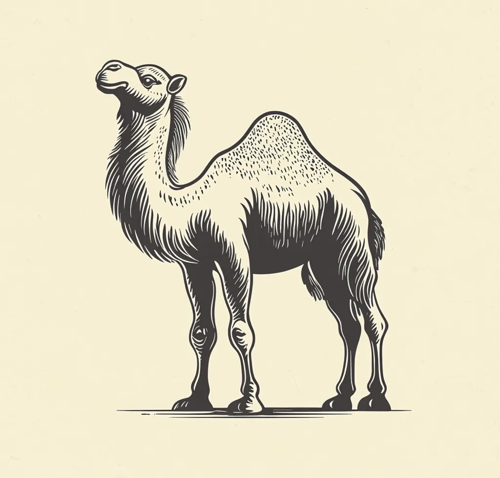 The image is a black and white illustration of a camel. The camel is drawn in a vintage style, with detailed linework and shading. It is standing on a plain background, with its head tilted upwards. The camel's hump and legs are clearly defined, and its fur is depicted with a textured pattern. The illustration appears to be a woodcut or etching, reminiscent of old-fashioned wildlife prints.