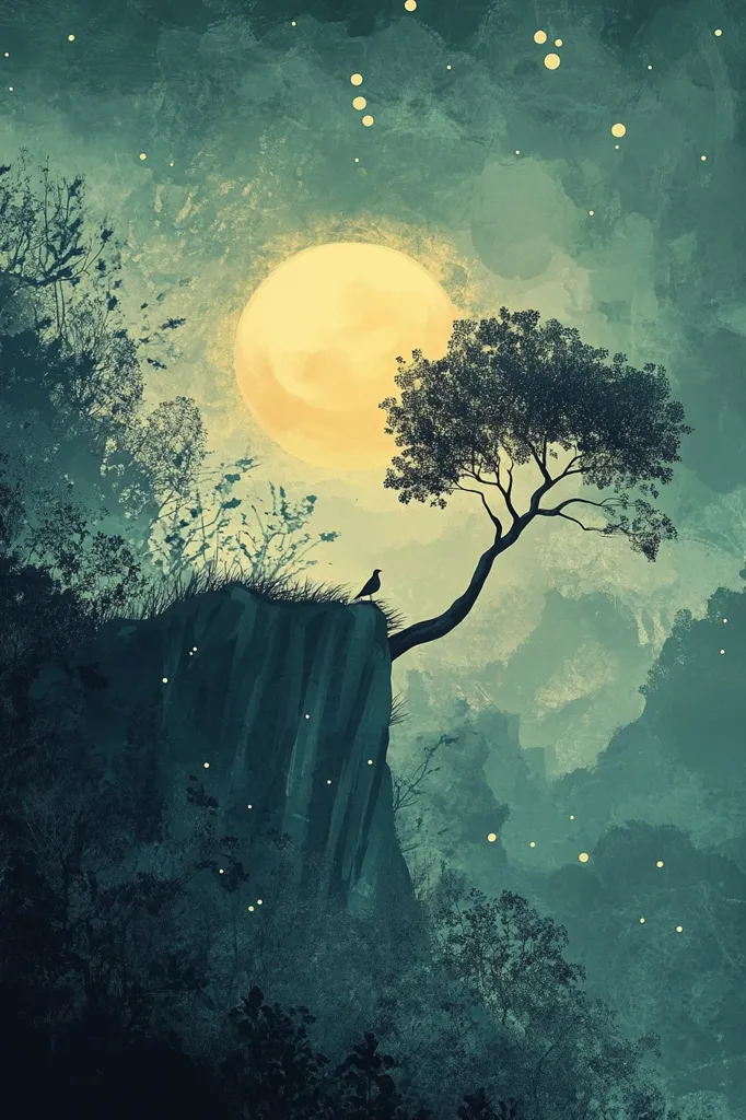 A single bird perches on the edge of a cliff overlooking a moonlit forest.  The full moon glows brightly in the sky, casting an ethereal light on the landscape.  Silhouetted trees and the cliff itself are bathed in the soft glow, creating a peaceful and serene atmosphere.  Small, glowing orbs scattered throughout the image suggest fireflies or other bioluminescent creatures.