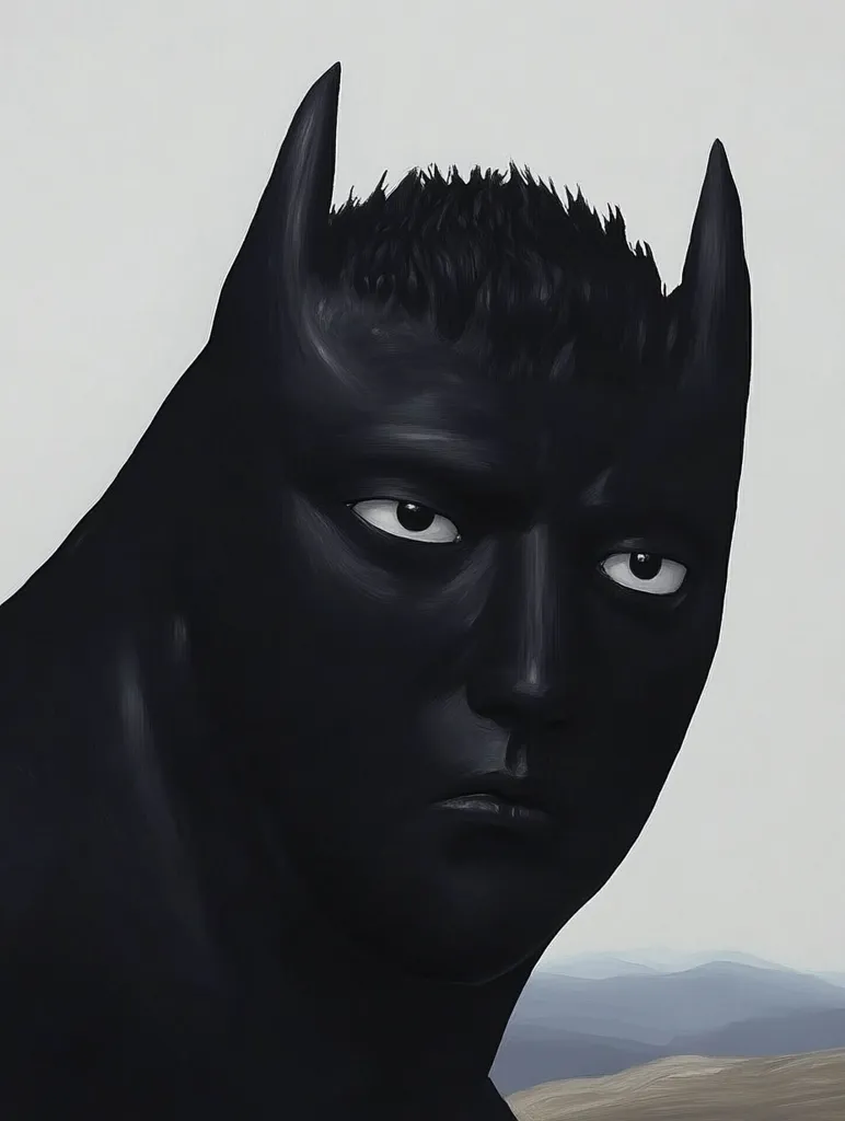 The image is a close-up portrait of a person with black, animalistic ears,  and a human-like face. They have short, dark hair and serious eyes. Their expression is stoic and their mouth is slightly pursed. The background is a blurred, muted landscape with mountains and hills in the distance. The lighting is soft and creates a moody atmosphere.