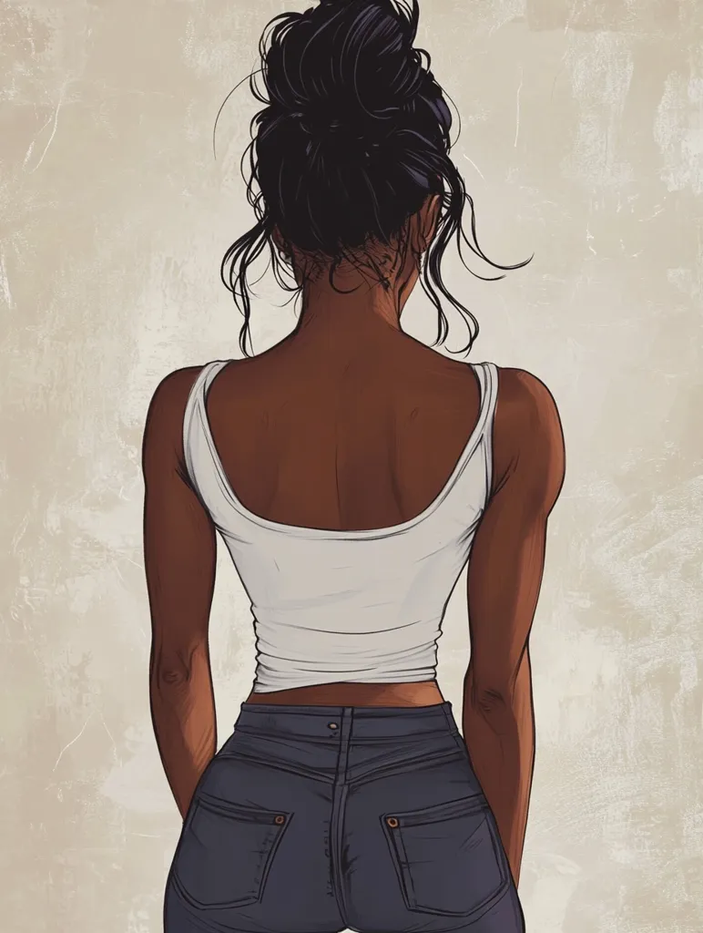 The illustration depicts a Black woman from behind. She has long black hair pulled up into a bun and is wearing a white tank top and blue jeans. Her arms are relaxed at her sides, and she is looking away from the viewer. The background is a light beige. The overall impression is one of casual confidence.  The woman's silhouette is highlighted.