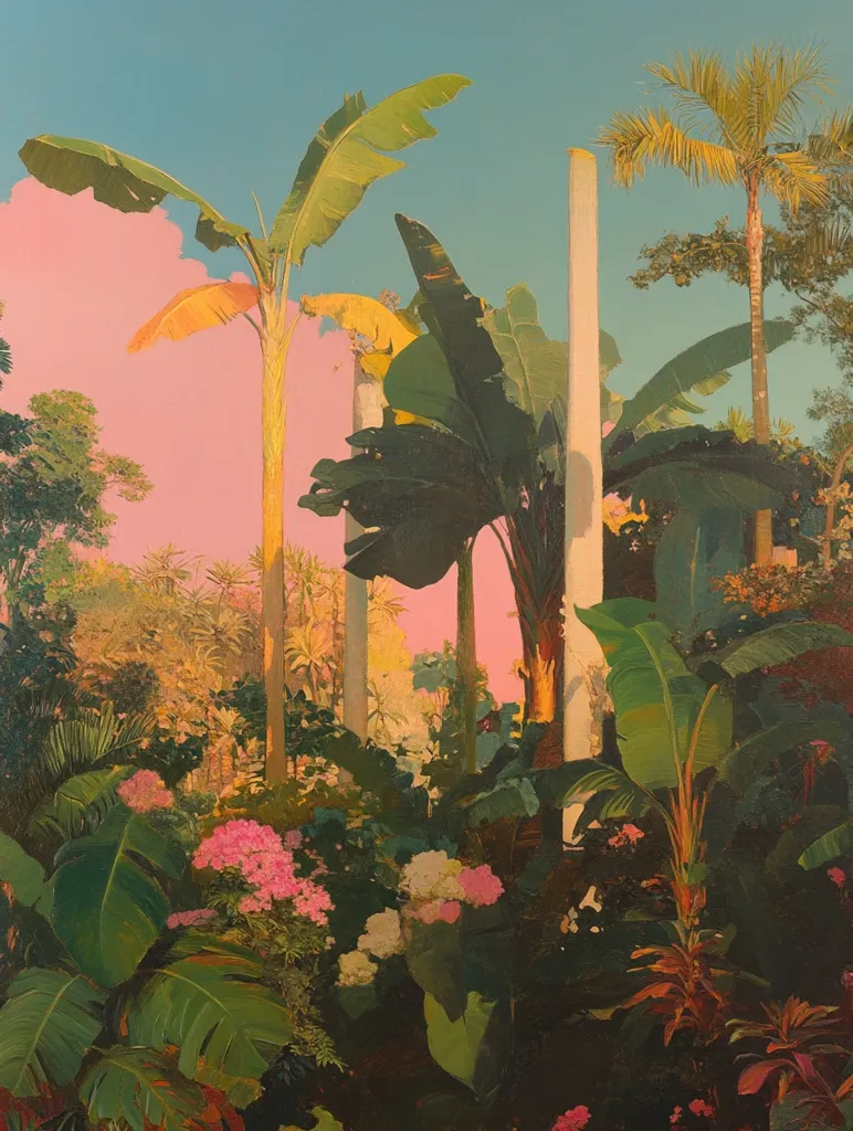 A lush tropical scene unfolds with vibrant green foliage and towering palm trees. The sky is a soft pink, creating a warm and inviting atmosphere.  Large leaves dominate the foreground, while the distant sky hints at a beautiful sunset. The scene evokes a sense of tranquility and escape.
