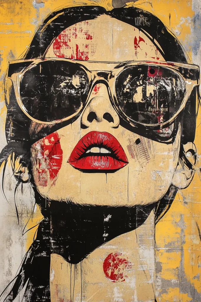 The image is a close-up portrait of a woman wearing large sunglasses. Her lips are painted a bold red, contrasting with the black of her sunglasses and hair. The background is a textured, layered canvas of yellow, red, and black. The woman's expression is one of confidence and strength. The overall mood of the piece is bold and graphic.