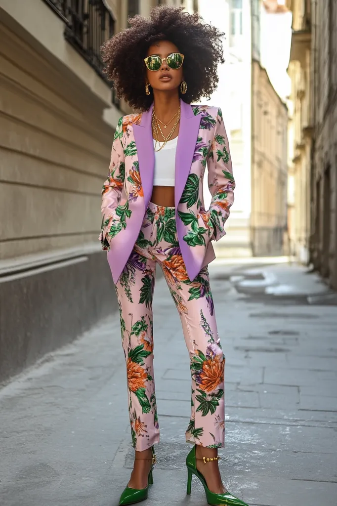 A woman with an afro and sunglasses is wearing a floral pink pantsuit with a lavender collar. She accessorizes with gold jewelry and green stiletto heels. The image is taken in a city street with cobblestone pavement.