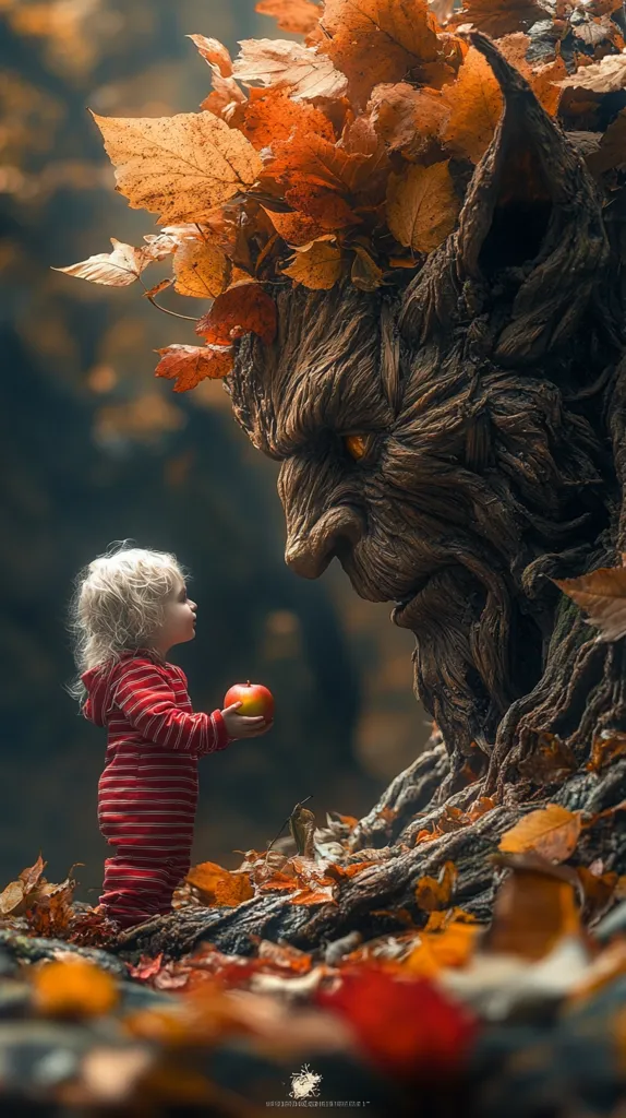 A small child, wearing a red and white striped onesie, stands amongst fallen autumn leaves, holding a red apple out towards a large, gnarled, tree-like creature with glowing eyes. The creature's face is composed of bark and roots and is covered in fallen leaves. The scene is lit by a soft, warm light. The image is a surreal and fantastical depiction of a child interacting with nature.