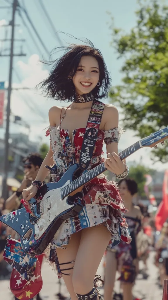 A young woman with short black hair and a bright smile is playing an electric guitar. She is wearing a colorful, ripped and patched dress, and the guitar strap has various patches as well. The guitar is blue with white accents. The background is blurred and shows a bustling street scene.