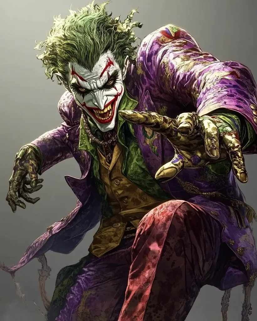 The Joker, a notorious villain, is depicted in a dramatic pose, his signature green hair and white-painted face with a manic grin. Dressed in a purple and gold suit, he lunges forward with a sinister smile, his hand outstretched towards the viewer. The image evokes a sense of chaos and madness, capturing the Joker's unpredictable nature and his penchant for mischief. The dark background and the exaggerated expression on his face highlight the character's unsettling nature.
