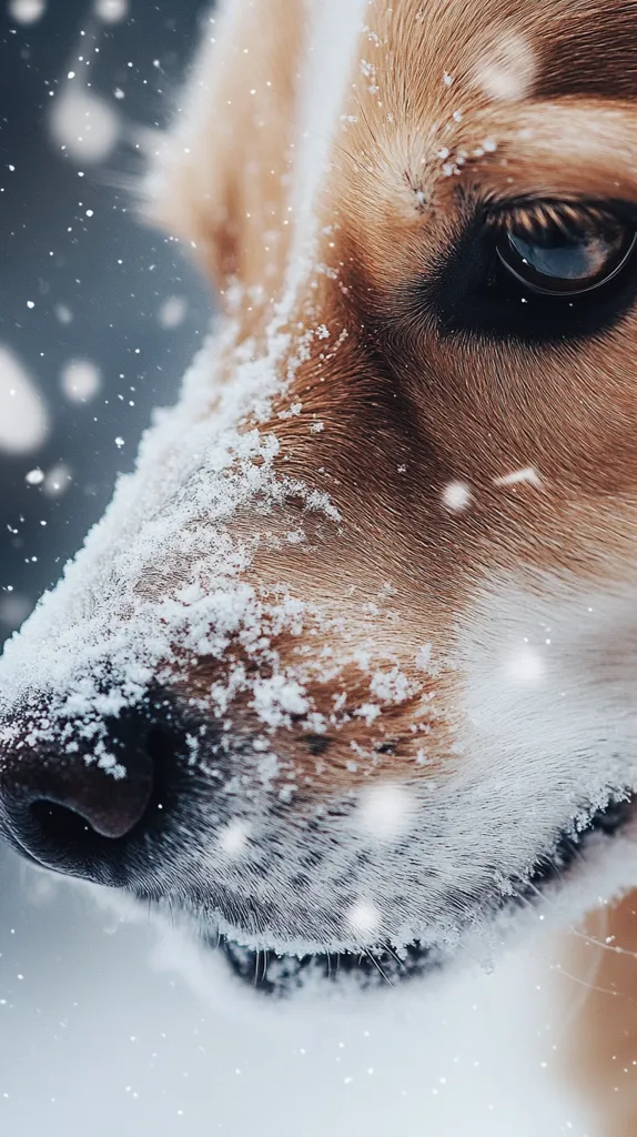 The close-up image captures the snout of a dog, covered in a layer of fresh snow. Its dark, wet nose is prominent, while snowflakes delicately coat its fur. The dog's eye, half hidden by snow, looks intently towards the viewer, conveying a sense of curiosity and resilience in the face of winter's chill. The soft focus and gentle light create a serene and intimate atmosphere, highlighting the beauty of nature's embrace.