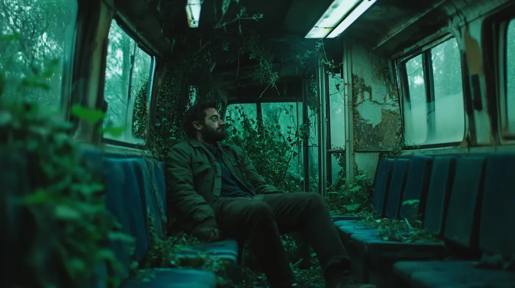 A man sits alone in a run-down bus, overgrown with foliage. The interior is dark and dusty, with peeling paint and cracked windows. The man wears a jacket and jeans, his face is partly obscured by shadows. The bus is surrounded by thick vegetation, creating a sense of isolation and mystery.
