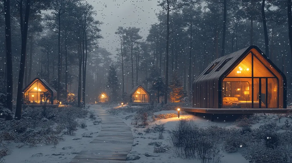 The image depicts a serene snowy forest scene with four cozy cabins nestled amongst the trees.  The cabins are illuminated from within, casting a warm glow against the backdrop of falling snow. A wooden path winds through the snowy landscape, inviting the viewer to explore this peaceful winter wonderland. The image conveys a sense of tranquility and isolation, perfect for a secluded getaway.
