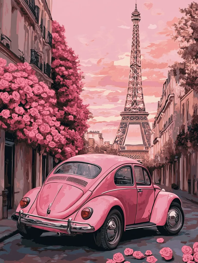 A pink vintage Volkswagen Beetle sits on a cobblestone street in Paris, with the Eiffel Tower in the background. The scene is bathed in a soft pink light, with pink roses scattered on the ground. The image creates a whimsical and romantic atmosphere.