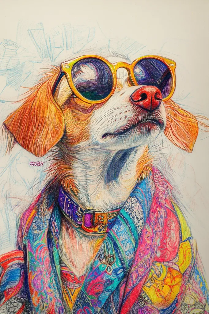 A detailed pencil drawing of a dog wearing yellow sunglasses and a colorful scarf. The dog has a white and brown coat and is looking up with a relaxed expression. The drawing is done in a realistic style with a focus on capturing the texture of the dog's fur and the shine of the sunglasses.  The colors are vibrant and the overall composition is eye-catching.  The dog looks stylish and confident.