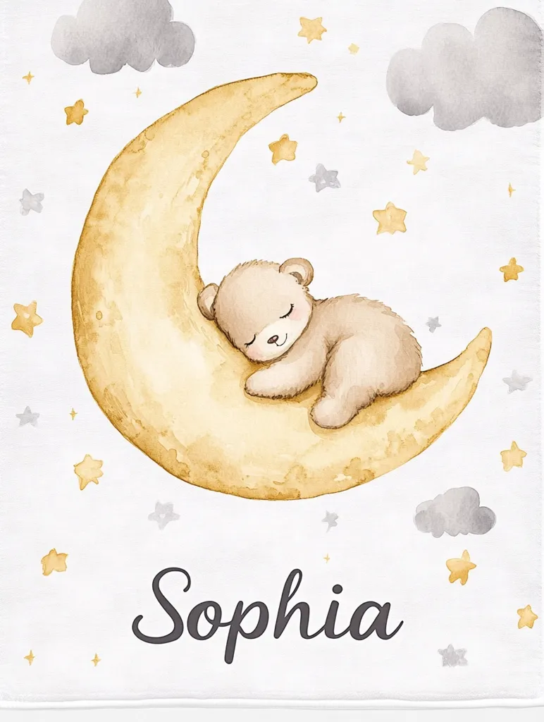 A watercolor illustration of a crescent moon with a sleeping teddy bear on top, surrounded by stars and clouds. The words "Sophia" are written below the moon. The colors are soft and muted, creating a serene and calming atmosphere. The overall design is simple and charming, making it perfect for a baby's nursery or bedroom.
