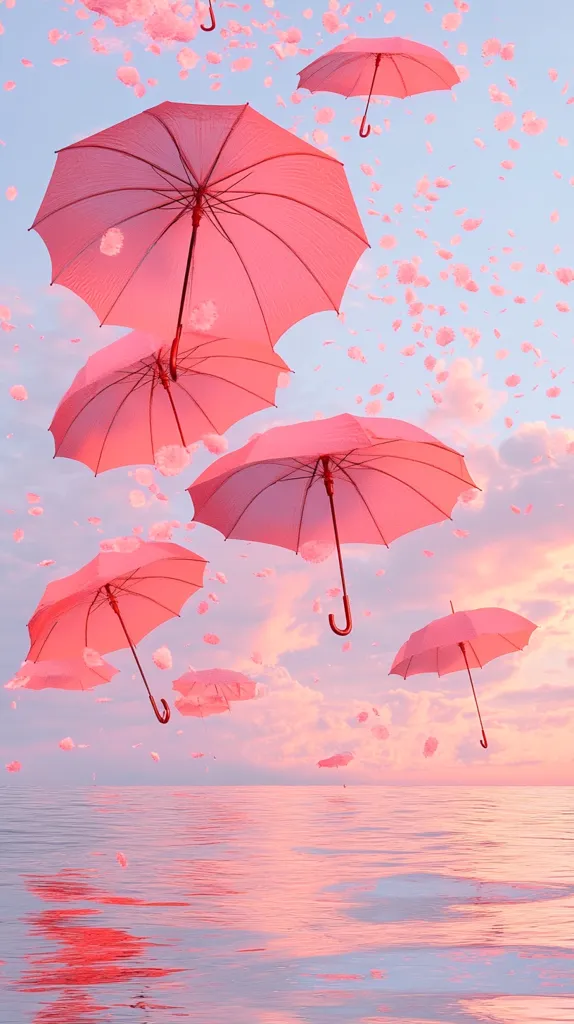 A serene scene of pink umbrellas floating gracefully against a pastel sky, reminiscent of cotton candy. The umbrellas are scattered across the frame, some higher than others, and are set against a backdrop of a soft, pink sunset. The ocean below reflects the pink hues, creating a dreamy atmosphere.  The image is a whimsical representation of a light and airy fantasy.