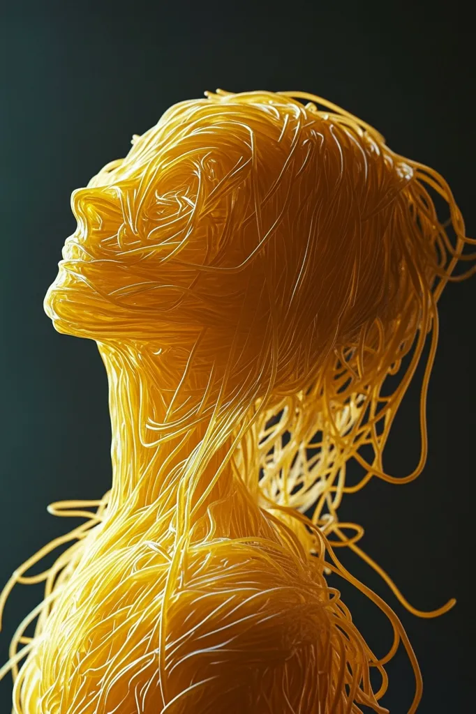 The image depicts a human figure sculpted entirely out of spaghetti. The spaghetti forms a tangled mass, creating a unique and abstract representation of a person's form. The figure's head is tilted back, and its hair flows down in long, golden strands. The overall effect is one of both beauty and strangeness.