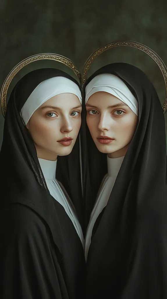 Two young women dressed in black habits with white wimples, stand side by side.  Golden halos adorn their heads, creating a religious and ethereal ambiance. Their serious expressions and dark attire evoke a sense of solemnity and devotion. The muted green background adds to the somber mood, highlighting their contrasting features. The image is a poignant portrayal of faith and spirituality.
