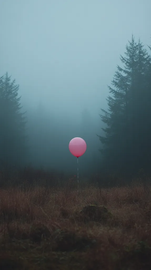 A single, pink balloon floats in the middle of a foggy forest. It is tethered to the ground with a string. The trees are barely visible through the thick mist, and the ground is covered in a layer of dry grass and leaves. The image evokes a sense of loneliness and isolation.