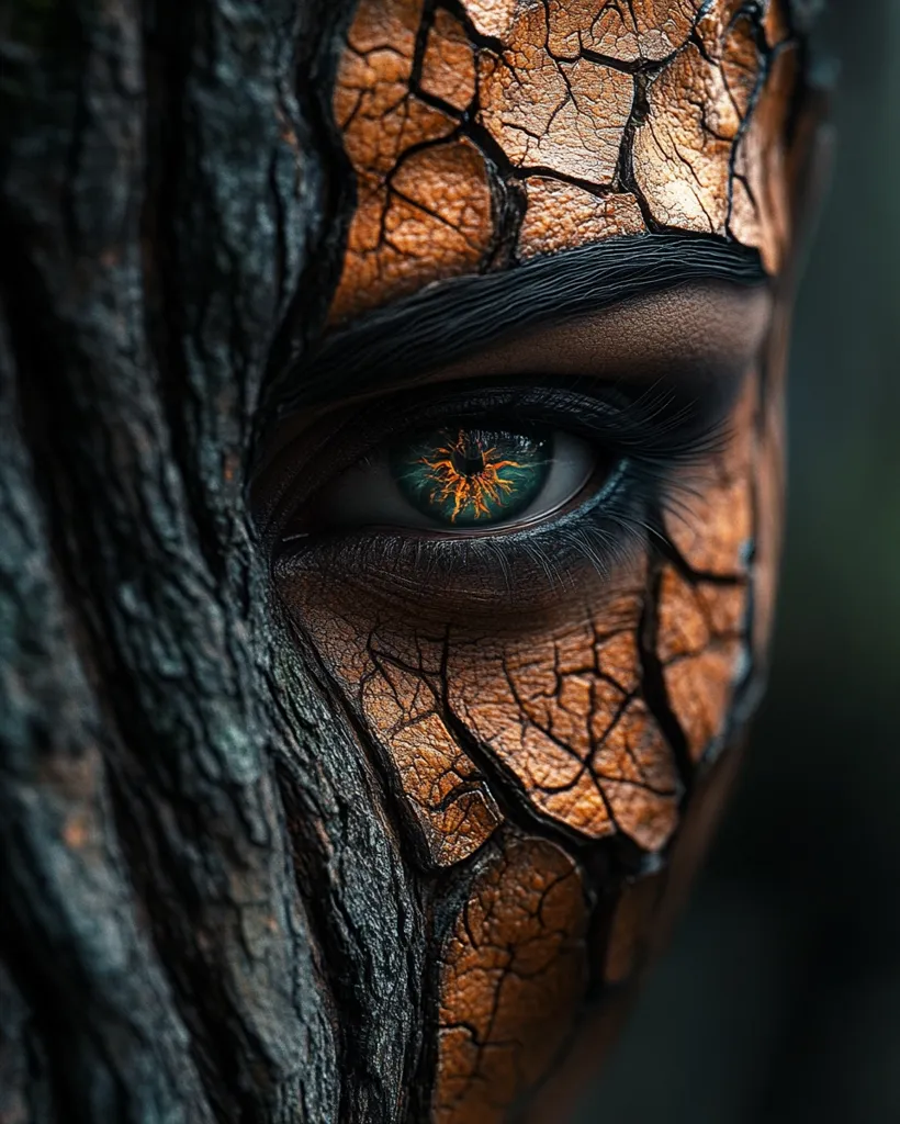 A close-up of a person's eye, with intricate makeup resembling tree bark. The eye is green with a glowing orange center, surrounded by dark eyeliner and a cracked, brown pattern. The image evokes a sense of mystery and nature intertwined.
