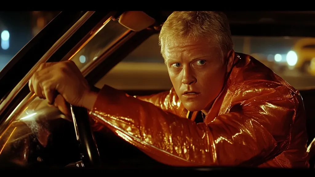 A man with blonde hair is driving a car at night. He is wearing a bright orange leather jacket.  His face is focused and intense, looking directly at the viewer. The car is moving fast, and the blurred lights of the city can be seen in the background.  He looks intense and ready for action.  He is driving fast and the interior of the car is lit in a warm yellow glow.
